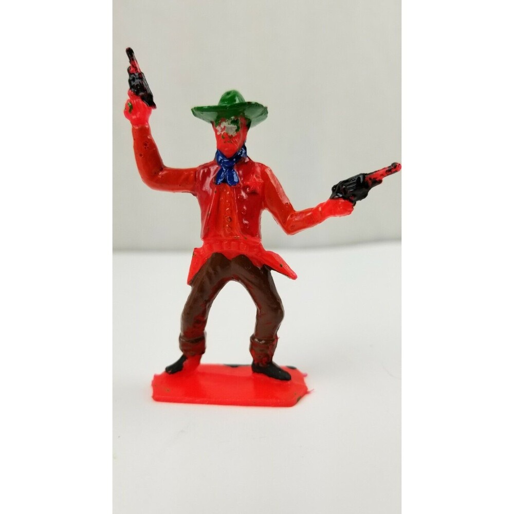 2 5/8" Tim Mee Plastic Cowboy Vintage Wild West Toy Figures Red w Green Hat